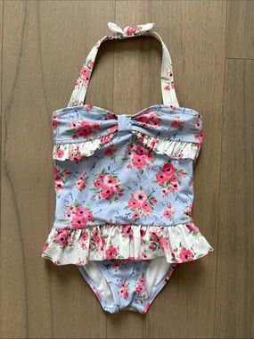 Janie and Jack Floral Ruffle One-Piece Swimsuit - Light Blue & Pink